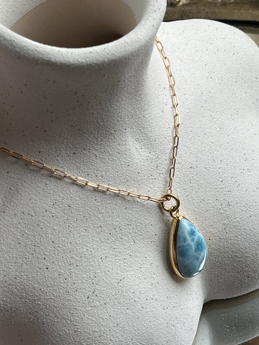 Larimar Tear Drop Pendant, 18K Gold Plated