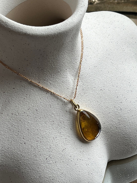 Medium Amber Tear Drop Pendant, 18K Gold Plated