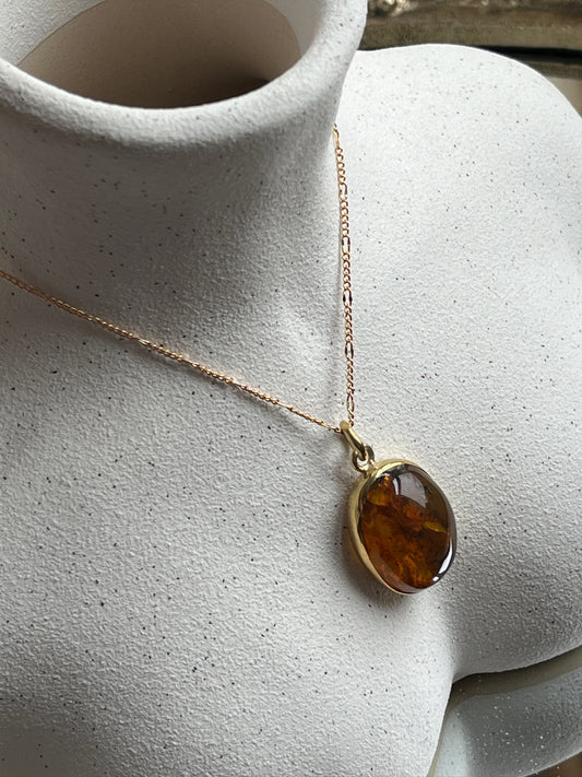 Elegant Oval Amber Pendant with 18K Gold Plated