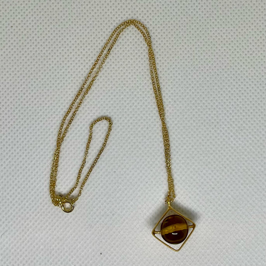 Amber Sphere in Square Pendant, 18K Gold Plated